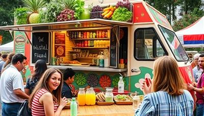 A vibrant food truck adorned with colorful plant-based dishes and beverages, surrounded by eager customers enjoying nutritious vegan meals in a lively outdoor setting, capturing the essence of eco-friendly and delicious mobile dining.