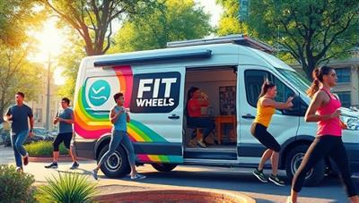 An artist's rendition of a vibrant and active pop-up workout scene outside the FitWheels On-the-Go van, with participants engaging in various fitness activities, surrounded by greenery and urban elements, capturing the energy and mobility of the mobile fitness concept.