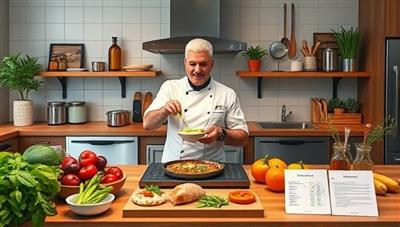 A virtual kitchen setting with a chef showcasing a culinary creation through a live cooking demonstration, surrounded by fresh ingredients, cooking utensils, and digital recipe cards, evoking a sense of culinary delight and learning in virtual cooking classes.