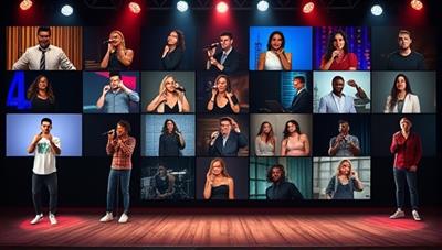 An engaging digital stage featuring diverse talent acts, from singers to dancers to comedians, all showcasing their skills and personalities on TalentUnleashed, creating a vibrant and inclusive online talent community.
