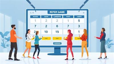 An engaging illustration of employees interacting with a virtual game board where they can refer candidates, earn points, and climb the leaderboard, creating a fun and competitive atmosphere within the organization.