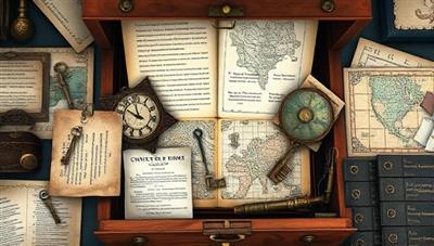 An assortment of mysterious artifacts and puzzle elements neatly arranged inside an open mystery box, including cryptic notes, keys, maps, and intricate puzzles waiting to be solved, creating a sense of intrigue and adventure.