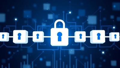 An abstract representation of a blockchain network with interconnected blocks forming a secure chain, symbolizing the transparent and secure nature of title verification provided by BlockTitle Verify.