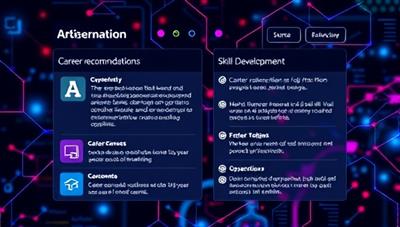 An AI interface displaying career recommendations and skill development opportunities based on user input, with vibrant visual elements representing various career paths and opportunities, conveying innovation and guidance.