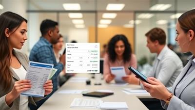 An office setting with employees receiving their pay electronically through PayrollPulse Virtual, with digital payroll slips and instant notifications of direct deposits, showcasing convenience and efficiency in payroll processing for businesses.