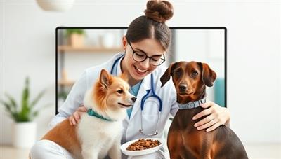 An endearing visual of a virtual pet care consultation session with a veterinarian interacting with a pet owner and their furry companion on a video call, showcasing a caring and informative approach to virtual pet healthcare and well-being.