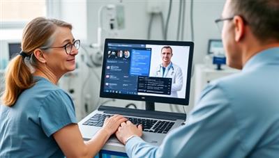 An engaging visual of a patient consulting with a healthcare provider via a video call on a laptop, with medical equipment in the background and digital health records displayed on the screen, showcasing the seamless and efficient virtual healthcare experience provided by HealthLink Assist.