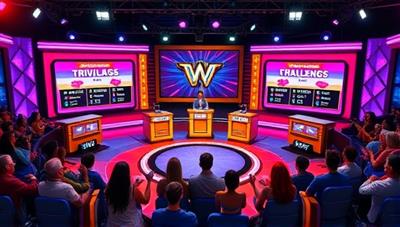 A dynamic and colorful game show set with digital avatars of players answering trivia questions and competing in challenges, surrounded by virtual audience members cheering and reacting, creating an exciting and interactive game show atmosphere.