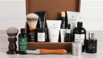 A sophisticated and masculine grooming box arrangement featuring a selection of premium skincare products, shaving essentials, colognes, and grooming tools, exuding a sense of luxury and refinement for the modern gentleman's self-care routine.