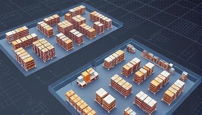 An AI interface analyzing warehouse layout data and generating optimized storage configurations, visualized through interactive 3D models of warehouse spaces, highlighting the precision and intelligence of the optimization tool.