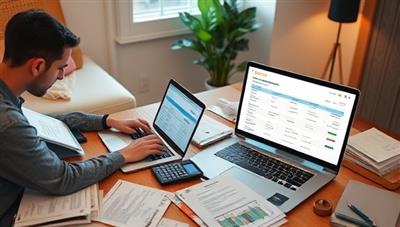 A cozy home office setup with a freelancer working on a laptop, surrounded by tax forms, receipts, a calculator, and a digital screen displaying the SoloTaxMate software interface, symbolizing ease and efficiency in tax compliance for independent workers.