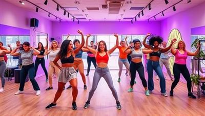 An energetic and vibrant virtual dance fitness class setting with a diverse group of participants following along to a dynamic instructor, showcasing the fun and engaging nature of the online dance fitness classes and challenges.
