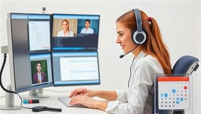 An image of a virtual assistant managing multiple screens with telecommunication tools, a headset, and a calendar, symbolizing efficient and effective communication support.