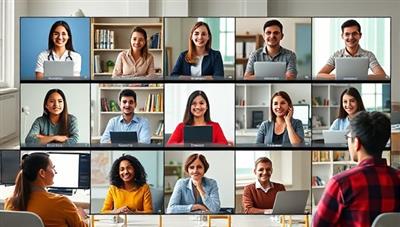 An engaging visual of a virtual classroom setting with a diverse group of students and tutors interacting through video calls, exchanging language skills in a dynamic and inclusive environment.
