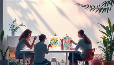 A soothing visual representation of an art therapy session with participants engaging in creative activities, surrounded by calming colors and nature elements, evoking a sense of tranquility and emotional release experienced at ArtHeal Studio.