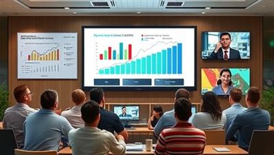 An online learning platform interface with a diverse group of students attending a virtual real estate investment course, interacting with charts, videos, and quizzes, representing a dynamic and interactive educational experience.