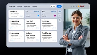 A sleek and modern digital platform interface displaying various insurance options with personalized recommendations, accompanied by a friendly insurance expert assisting a client through a video call, symbolizing convenience and tailored service.