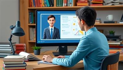 An AI-powered virtual tutor avatar assisting a student with an interactive lesson on a computer screen, surrounded by digital books and study materials, showcasing a personalized and engaging learning experience facilitated by technology.