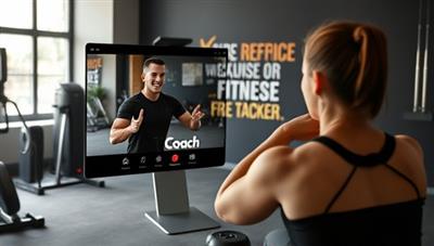 A dynamic and energetic virtual fitness coaching session, showing a coach guiding a client through a workout via a video call, with motivational quotes and fitness equipment in the background, inspiring a sense of progress and achievement.
