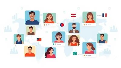 An engaging digital marketplace interface showcasing diverse language learners connecting through video chats and messaging, exchanging language skills and cultural insights, creating a dynamic and interactive language learning community.