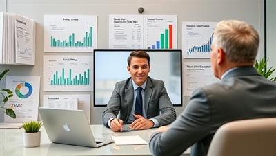 A professional virtual consultation setup featuring a financial advisor engaging with a client via video call, surrounded by financial planning charts, investment reports, and retirement planning documents, conveying trust, expertise, and personalized financial guidance.