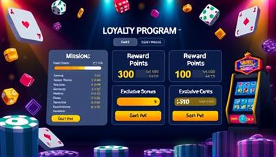 An interactive loyalty program interface showcasing mission progress, reward points, and exclusive bonuses, surrounded by animated casino-themed elements like dice, playing cards, and slot machines, creating an immersive and engaging environment that reflects the gamified nature of the online casino loyalty program.