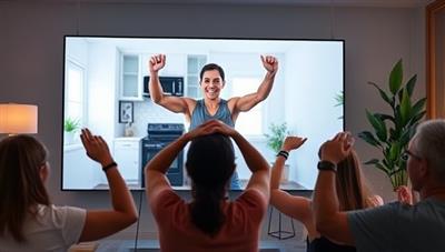 A dynamic image of a virtual fitness coach leading an energetic workout session on a screen, with participants engaging enthusiastically from their homes, showcasing convenience and motivation.