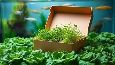 An elegant subscription box filled with vibrant microgreens, nestled on a bed of aquaponically grown lettuce, with a clear fish tank in the background, highlighting the sustainable and fresh nature of the product.