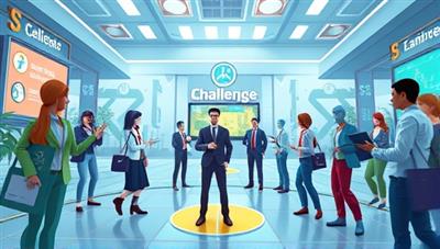 An eye-catching illustration of a virtual gaming world where avatars representing job seekers and employers interact and complete challenges, highlighting the fun and interactive nature of SkillQuest.