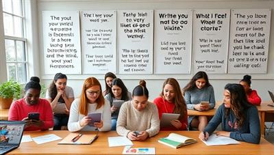 A virtual classroom setting with a diverse group of individuals engaged in a writing workshop, each interacting with a digital device and sharing ideas, surrounded by inspirational quotes and writing prompts, fostering a collaborative and creative learning environment.