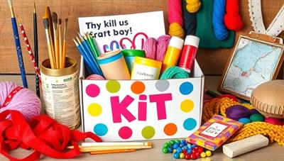 A colorful craft kit box filled with DIY materials and tools, surrounded by finished craft projects, paintbrushes, yarn, and beads, creating a vibrant and artistic setting for creative individuals and crafting enthusiasts.