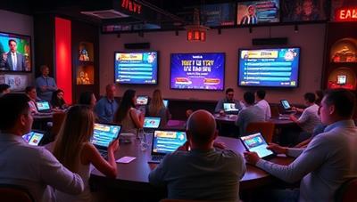 A lively virtual game night setting with participants engaged in a competitive trivia game on their devices, with colorful graphics and animated avatars, capturing the excitement and camaraderie of the online trivia event.
