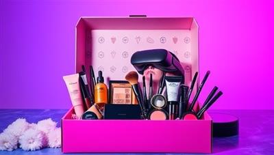 An enticing virtual makeup box display featuring a variety of high-quality makeup products, beauty tools, and a virtual reality headset symbolizing the immersive and interactive makeup experiences offered by GlamKit Subscriptions, enticing subscribers to explore the world of virtual beauty.