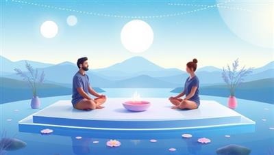 A serene digital illustration of a virtual mental wellness session, featuring individuals practicing mindfulness and relaxation exercises on a tranquil digital platform surrounded by calming nature elements, symbolizing peace and self-care.