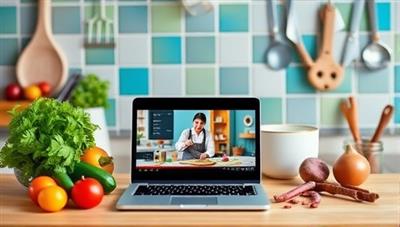 A colorful kitchen setting with fresh ingredients, cooking utensils, and a laptop displaying a live cooking class, creating a vibrant and interactive culinary experience.