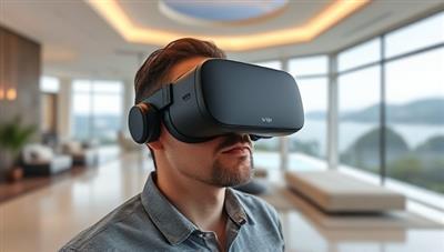 An individual wearing a VR headset, exploring a virtual representation of a luxurious property with detailed interiors, panoramic views, and interactive design options, conveying the futuristic and engaging experience offered by VR Home Explore.