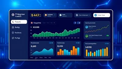 A futuristic financial dashboard displaying budget tracking features, investment recommendations, and savings goal progress, with AI-generated insights and personalized finance tips, illustrating the convenience and efficiency of FinGenius Coach in managing finances.