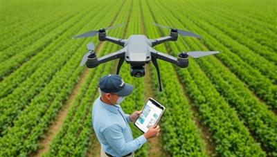 An aerial view captured by a drone showing lush green farmland with precision crop rows and a farmer analyzing the drone-collected data on a tablet, demonstrating the technology's role in modern agriculture and data-driven decision-making.