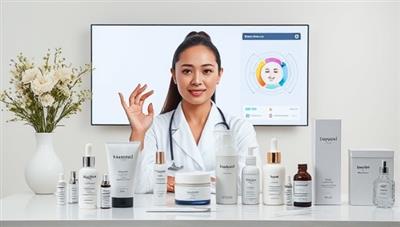 A virtual skincare consultation setup featuring a skincare specialist analyzing skin concerns via video call, surrounded by a range of skincare products, dermatological tools, and a digital skin analysis interface, conveying a sense of expertise and personalized care for skincare needs.