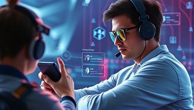 A futuristic visual of a gamer interacting with the AI Buddy Gamer app on a smartphone, receiving personalized game recommendations and tips, with AI algorithms analyzing gameplay data in the background, illustrating the advanced and tailored gaming experience provided by the app.