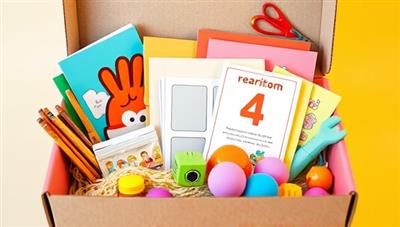 An array of colorful educational materials and hands-on activities arranged in a vibrant subscription box, ready to be explored by young learners, sparking curiosity and excitement for engaging educational experiences at home.