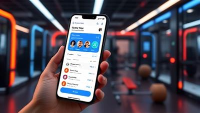 A sleek mobile app interface displaying a user's personalized workout plan with interactive AI feedback, set against a backdrop of a virtual gym environment, showcasing the futuristic and tech-savvy nature of the service.