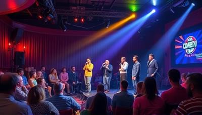 A vibrant comedy club setting with a stage, microphone, and audience seats, featuring comedians delivering punchlines and engaging the crowd in laughter, capturing the lively and entertaining essence of stand-up comedy nights.