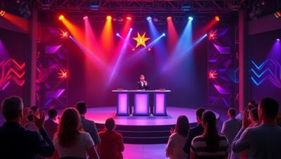 A virtual stage setting with spotlights, a judging panel, and a virtual audience cheering and applauding, creating a vibrant and exciting atmosphere for participants to showcase their talents and compete in a virtual talent show.