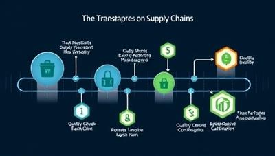 An illustrative graphic showing a transparent supply chain process with blockchain nodes tracking product movements, quality checks, and sustainability certifications, emphasizing trust and accountability in the supply chain ecosystem.