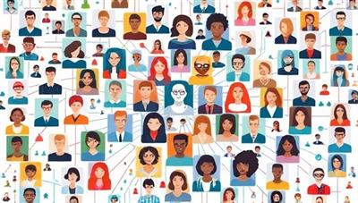 An artistic collage of diverse freelancer profiles interconnecting in a virtual hub, symbolizing the exchange of skills and knowledge among professionals from various backgrounds, creating a vibrant and collaborative marketplace.