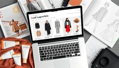An image of a laptop screen displaying a digital lookbook with curated outfit suggestions, fashion mood boards, and accessories coordination, surrounded by fashion magazines, fabric swatches, and designer sketches, reflecting the creativity and expertise of remote personal styling consultations.