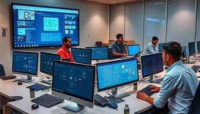 A professional cybersecurity training session with employees engaging in interactive modules, data protection simulations, and compliance exercises on desktop computers, showcasing the informative and practical nature of SecureDataPro's educational platform.