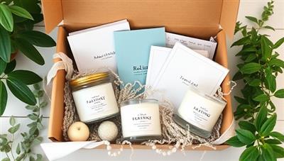 An aesthetically designed subscription box filled with calming candles, soothing teas, mindfulness journals, and relaxation aids, surrounded by greenery and natural elements, evoking tranquility and self-care indulgence.