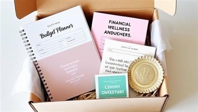 An aesthetically pleasing box filled with financial wellness goodies, including a budget planner, inspiring quotes, investment tips, and a calming mindfulness tool, creating a sense of anticipation and self-improvement for subscribers.